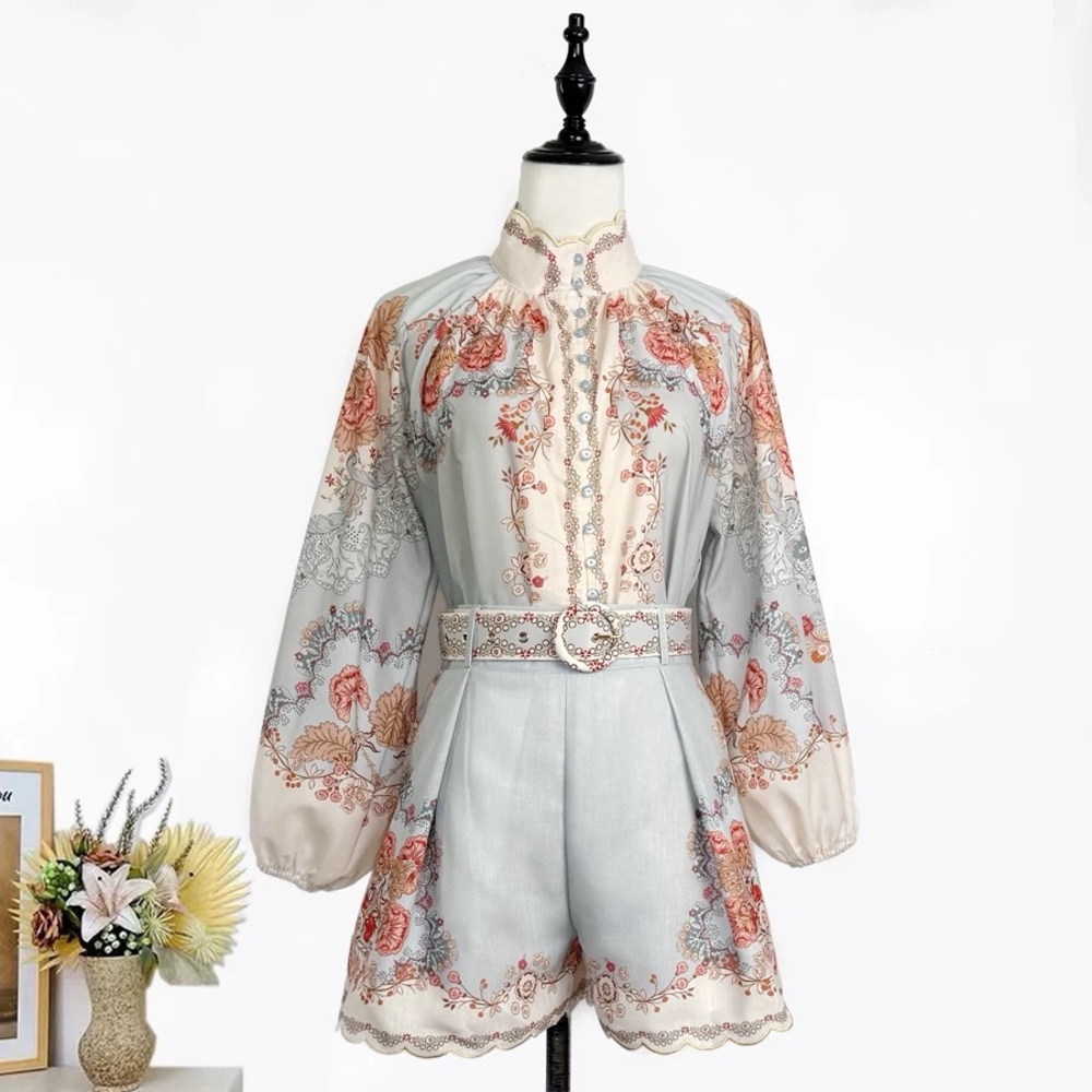 Floral Print Belted Romper in Light Blue and Cream